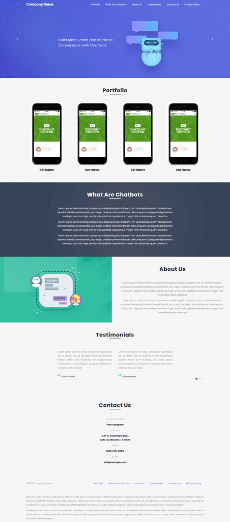 chatbot website template for selling chatbot services (website chat bots or social media bots)